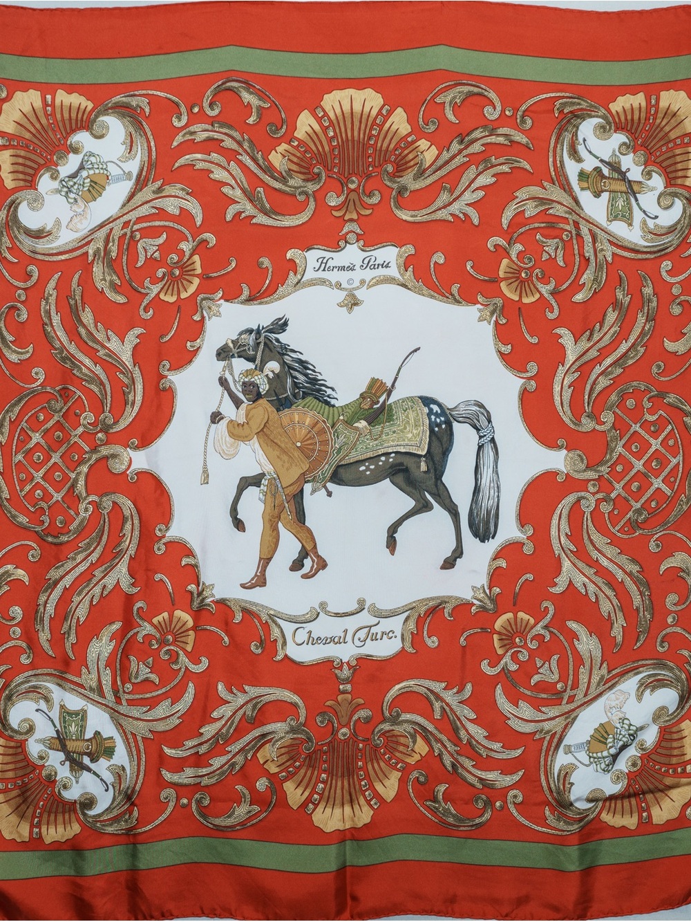 Hermes Orange Cheval Turc Silk Scarf with Green and Gold Accents